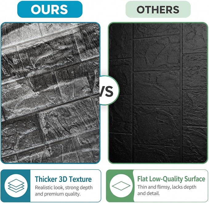 3D Wall Panels Peel and Stick Faux Foam Brick Wallpaper Covering | Rock Black 40 PCS 11.8"×11.8" Self Adhesive Stone Wall Tiles for DIY Interior Wall Decor - Image 6