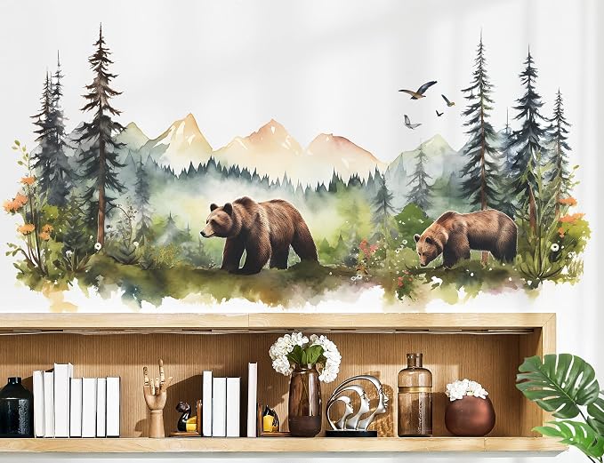 Large Jungle Animals Wall Decals Forest Tree Wall Decal Peel and Stick Woodland Bear Fox Deer Wall Stickers Giant Mountain Art for Bedroom Nursery Room FX-C432 - Image 3