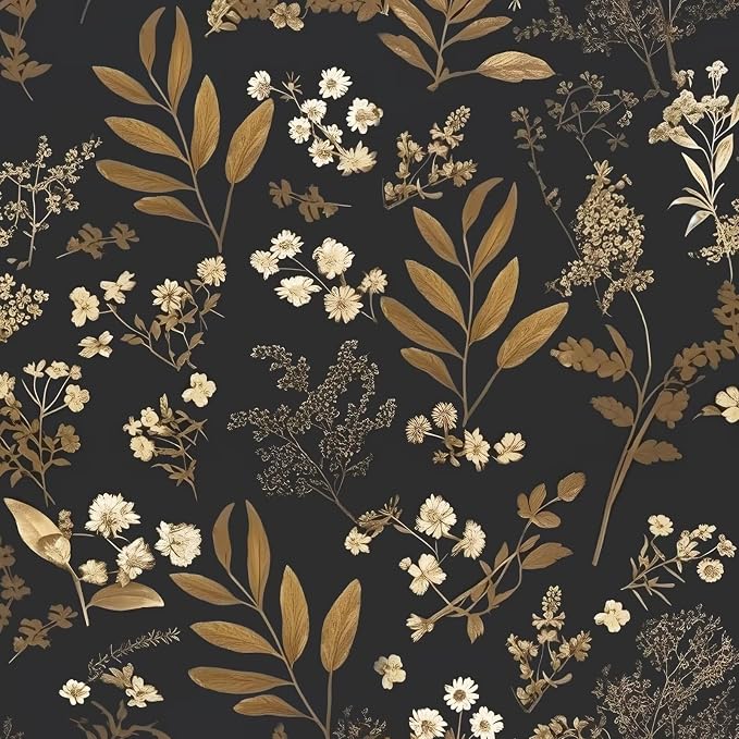 Laatse Vintage Floral Peel and Stick Wallpaper 17.5"x 393", Gold Black | Self Adhesive/Removable/Waterproof/Thick Vinyl Contact Paper for Bathroom Bedroom Shelf Cabinet Drawer,Prepasted,Easy Peel by Laatse