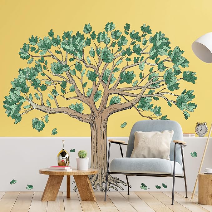 Amaonm Large Watercolor Family Tree Wall Decals 4 Pack 12x36 Inch Brown Trees with Green Leaves Peel & Stick Wall Stickers Decor for Kids Bedroom Living Room, Nursery, Classroom Home Wall (Tree) by AMAMAONM