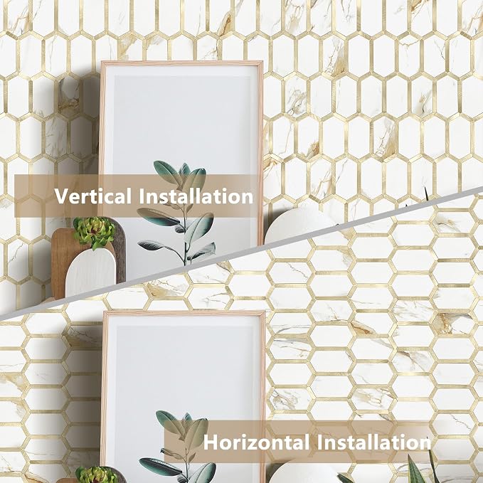 Vamos Tile Long Hexagon Peel and Stick Tile Backsplash - 10 Sheets Stick on Backsplash for Kitchen and Bathroom Calacatta Gold Mixed Metal Light Gold PVC Self Adhesive Mosaic Wall Tiles(Seamless) - Image 4