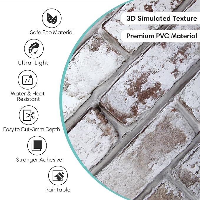 Commomy Faux Brick 3D Wall Panels - Not Real Brick 12 pcs of 22.8" x 11.8" | 22.8" x 11.8" Peel and Stick Tile Whitewash Brick Textured for Kitchen,Bedroom, Living Room（Covers 22.48 sq.ft） - Image 3