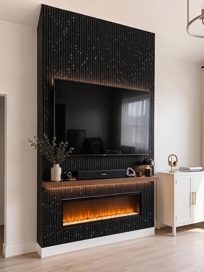 Wood Slatwall Panels, 2 Pack 94.5"x12.6"(16.5ft²) Acoustic Wall Panels | Wood Slat Acoustic Panels for Noise Cancelling and Home Decor, Living Room, Bedroom, Office, Black Marble by Unknown