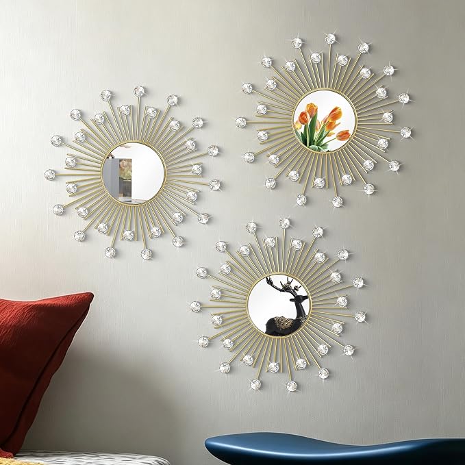3 Pack Metal Mirrors for Wall Sunburst Wall Mirrors Home Décor Decorative Hanging Wall Art for Living Room Bedroom Entryway (Gold2 Crystal, Sunburst) - Image 7