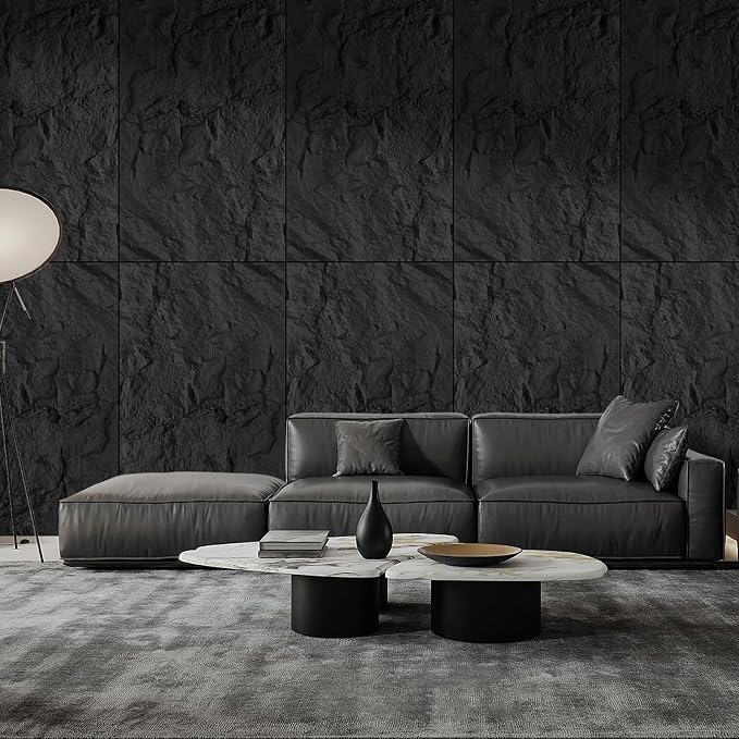 Faux Stone Wall Panel 43.3''x23.6'', Mountain Rock Design, Black | 4 Pack PU Stone Wall Panel for Interior Wall Decor, Bedroom, Living Room, Office - Image 3