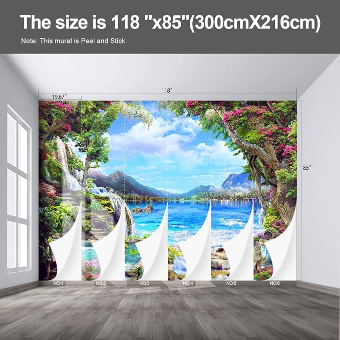 Landscape Lake Waterfall wall murals Peel and Stick self Adhesive Wallpaper for Bedroom Living Room - 85"x118" - Image 2