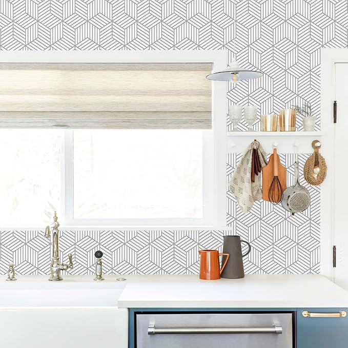 MelunMer White and Silver Peel and Stick Wallpaper Modern 17.7”×276” | Sliver Stripe Wallpaper Self Adhesive Removable Wallpaper Geometric Pattern Hexagon Wallpaper Shelf Drawer Liner Vinyl Film - Image 6