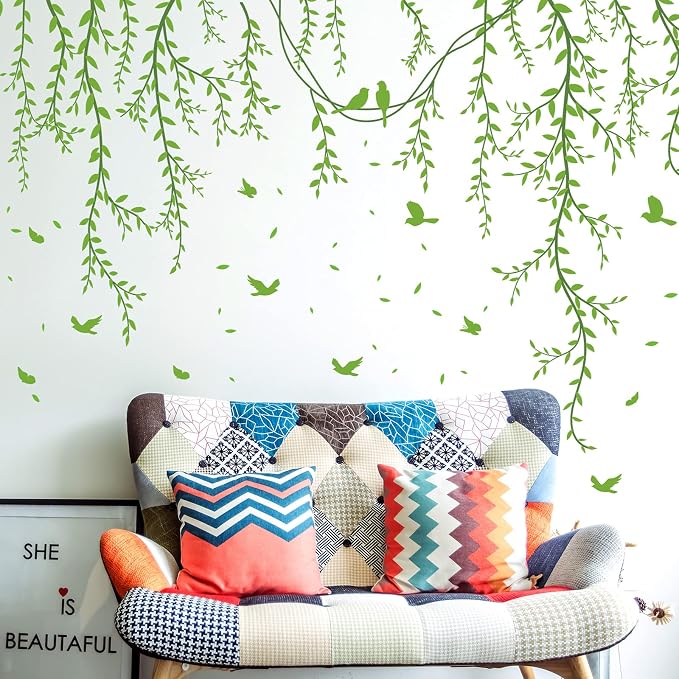 Amaonm Removable Hanging Vines Wall Stickers DIY Green Leaves Plant Grass Wall Decals Peel and Stick Flower Vine Decor for Kids Baby Girls Nursery Bedroom Living Room Offices Classroom (Green) - Image 4