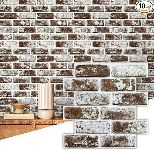 Commomy Faux Brick Panels Peel and Stick Wall Stickers 10 Pcs 11.8" x 11.8" | Small Size Thin PVC Fake 3D Brick Wallpaper for Kitchen,Fireplace,Home Office,Wall Covering Decor(Covers 9.7 sq.ft) by CommomyDecor