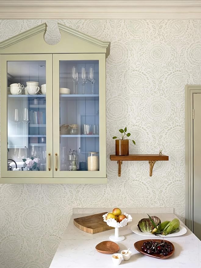 Ismoon Green Peel and Stick Wallpaper Boho Floral Contact Paper 17.3x393in | Beige Renter Friendly Wall Paper Textured Self Adhesive Removable Wallpaper for Bedroom Kitchen Thicken Vinyl Waterproof - Image 3