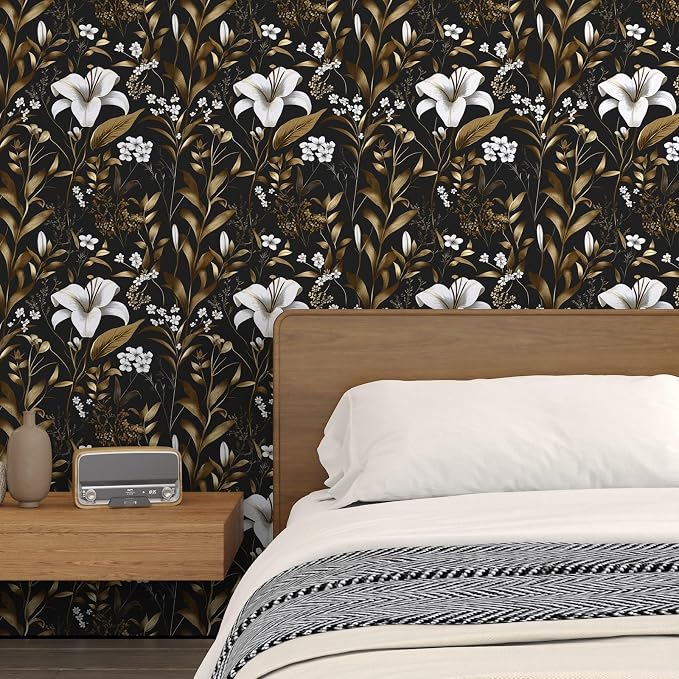 Laatse Vintage Dark Black Golden Floral Peel and Stick Wallpaper 17.5"x787" | Self Adhesive/Removable/Waterproof/Thick Vinyl Extra Long Contact Paper for Bathroom Bedroom Shelf Cabinet Drawer,Prepasted - Image 5