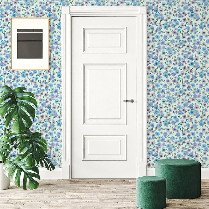 Blue Purple Watercolor Floral Peel and Stick Wallpaper, 17.3" x 118" Soft Pastel Flower Removable Vinyl Wallpaper, Waterproof Self-Adhesive Vintage Floral Contact Paper for Nursery Bedroom Cabinets - Image 4