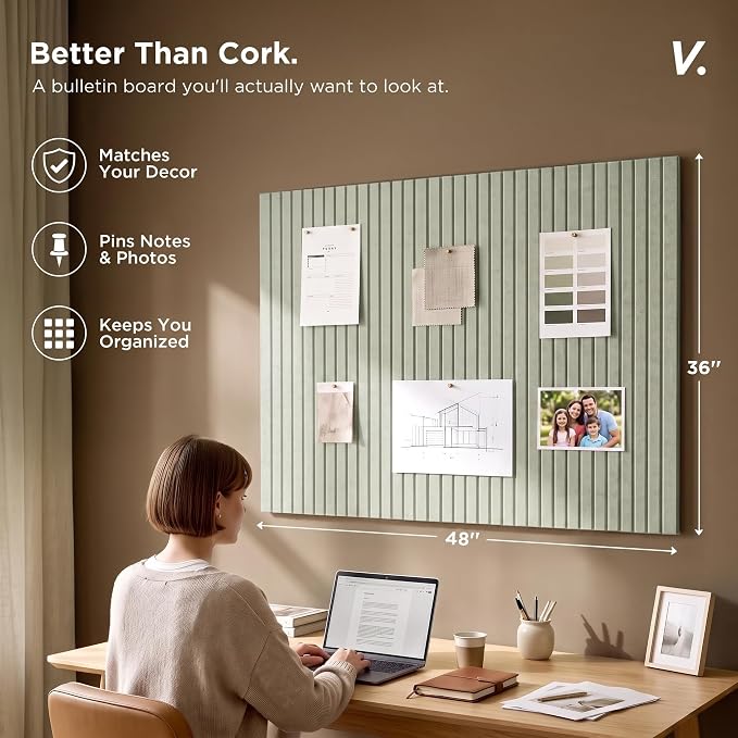 VIVELDA Large Felt Bulletin Board 48 x 36 Inch - 12-Pack Square Acoustic Wall Panels, Cork Board Alternative, NRC 0.95, Damage-Free Adhesive, Slatted Design for Home, Classroom (Sage) - Image 2