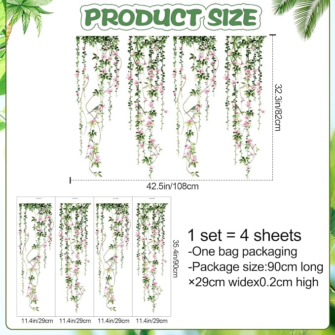 4 Sheets Hanging Vines with Flowers Wall Decals Green Plant Leaves Wall Stickers Pink Cherry Blossom Vine Wall Art Hanging Flower Tree Branches Bird Wall Murals for Kids Bedroom Nursery Decoration 20 - Image 2