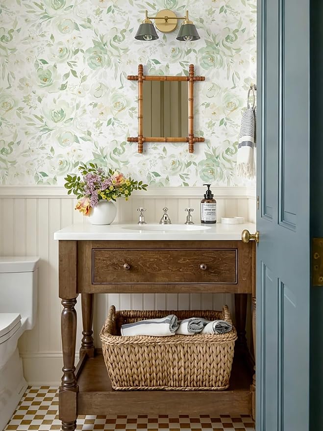 Heroad Green Peel and Stick Wallpaper Floral Wallpaper Large Flower Contact Paper Watercolor Rose Removable Self-Adhesive Wall Paper for Cabinets Bedroom Bathroom Stick on Walls 17.3''x78.7'' - Image 2