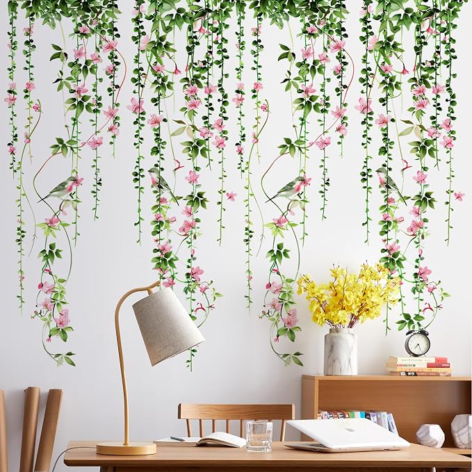 4 Sheets Hanging Vines with Flowers Wall Decals Green Plant Leaves Wall Stickers Pink Cherry Blossom Vine Wall Art Hanging Flower Tree Branches Bird Wall Murals for Kids Bedroom Nursery Decoration 20 - Image 4