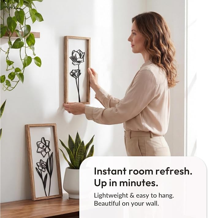 3D Black and White Wall Art (Set of 2) Lightweight, Wooden Ready-to-Hang Framed Floral Wall Art for Bathroom, Bedroom, Living Room or Office – Boho Botanical Farmhouse Decor – Gift-Boxed - Image 3