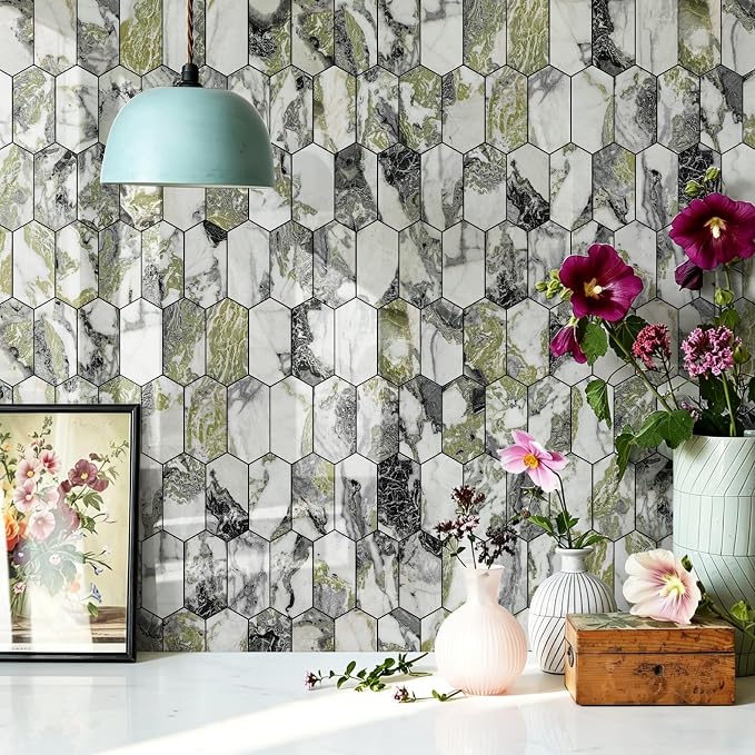 Vamos Tile Long Hexagon Peel and Stick Backsplash Tile - 10 Sheets Stick on Backsplash for Kitchen and Bathroom 12.4 x 12 Inch Glossy Ice Green PVC Self Adhesive Mosaic Wall Tiles - Image 7