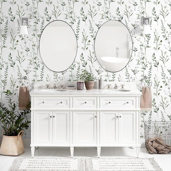 Peel and Stick Wallpaper for Bedroom Green Leaves Self-Adhesive | 393"×17.3" Green and White Wallpaper Fresh Accent Wall Decor with Grid Lines for Bathroom Vinyl Waterproof - Image 6