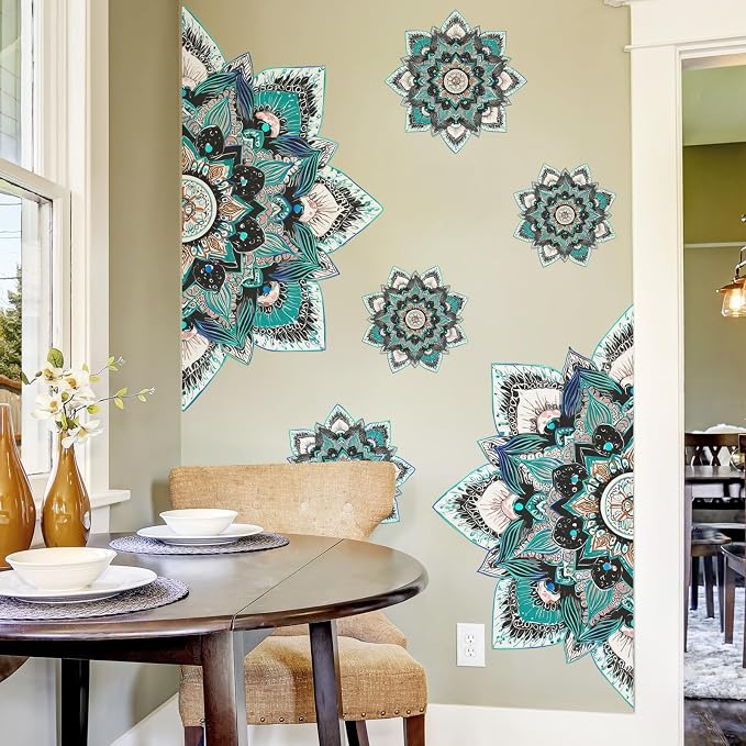 Blue Mandala Wall Stickers Boho Floral Mandala Wall Decals Peel and Stick Mural Decor for Living Room Bedroom Yoga Space Home Decoration (Blue Mandala) - Image 2