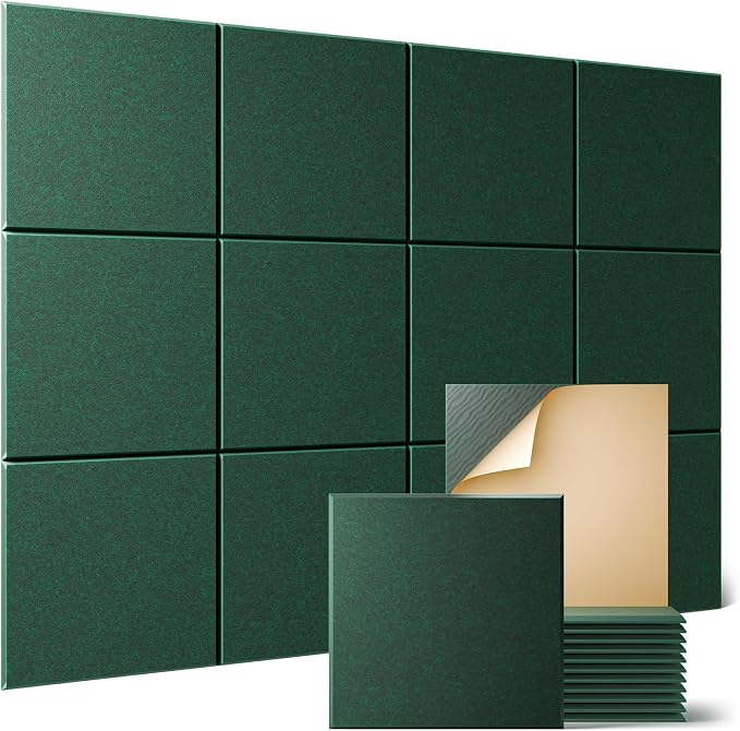 Sonicism 12 Pack Acoustic Wall Panels with Self-Adhesive, 12" X 12" X 0.4" Sound Proof Foam Panels, Decorative Soundproof Wall Panels, Sound Proof Absorbing Tiles for Home & Offices, Dark Green by Sonicism