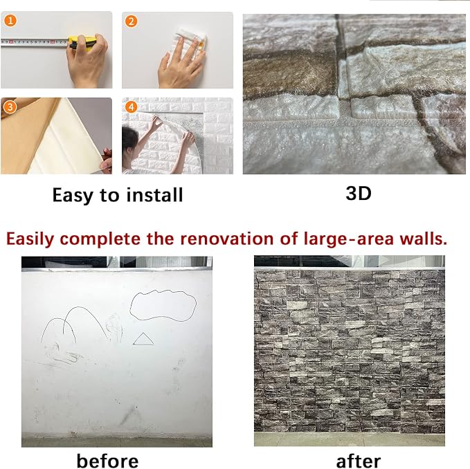 20PCS 3D Wall Panels Peel and Stick Foam 3D Brick Wallpaper Peel and Stick Faux Stone Wall Panel Self-Adhesive Wallpaper (20PCS, Rock Color) - Image 6