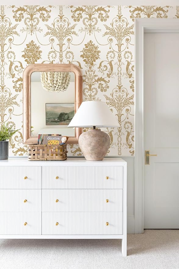 Damask Floral Peel and Stick Wallpaper Removable Gold Flowers Contact Paper | 17.3" X 197" Gold and White Damascus Wallpaper Boho Self Adhesive Decorative Wallpaper for Bedroom Accent Wall DIY Vinyl Roll - Image 3