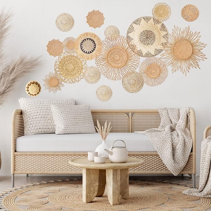 Glenmal 18 Pcs Boho Basket Wall Decals Round Wall Sticker Modern Decor Peel and Stick Decor Sticker Removable Boho Stickers Rustic Art for Bedroom Office, Stickers Only(Stylish Style) - Image 3