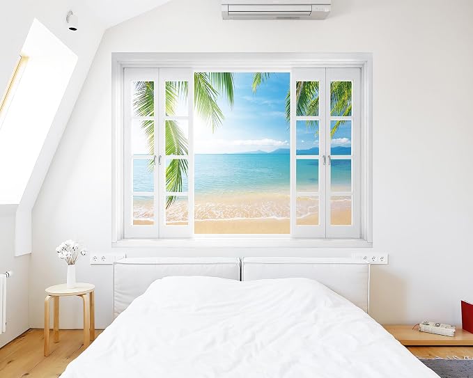 FLFK Fake Window Wall Mural - Tropical Ocean View Peel and Stick Decal, 80 x 60 inches, Set of 5 Sheets - Image 2