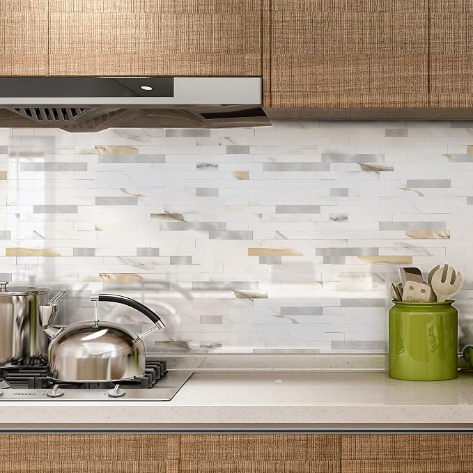 Yipscazo 5 Sheets Peel and Stick Stone Metal Tile Backsplash, Stick on Tiles for Backsplash Kitchen, Bathroom, Laundry Room, Camper, Fireplace (12'' X 12'', Polished Marble) - Image 2