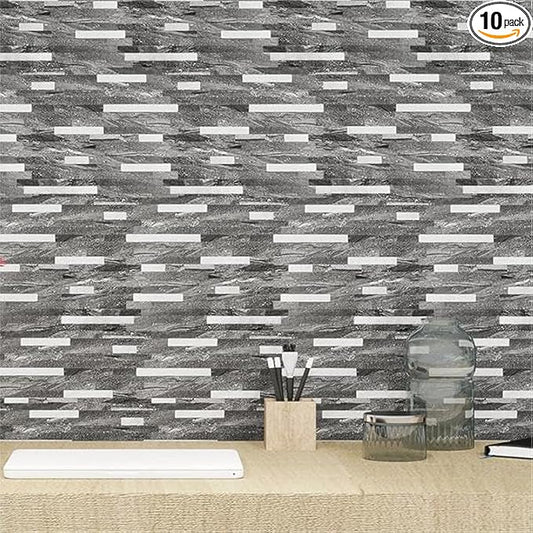 KASARO Peel and Stick Marble Backsplash Tile, 10 Sheets, Black Marble with Silver Embellished Stripes, Self-Adhesive Wall Tile for Kitchen, Bathroom, Fireplace, RV (11.4” x 10.6”) by KASARO