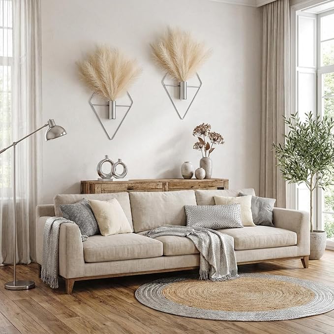 Canlierr 2 Pcs Hanging Planters Wall Decor for Indoor, Metal Vase | Artificial Plants Included Pampas Grass, Geometric Boho Wall Art, Bathroom Bedroom Living Room Decor, Metal Holders - Image 4