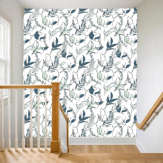 Sage Green and Blue Leaf Peel and Stick Wallpaper 17.7in x 213in | Modern self-adhesive removable self adhesive waterproof wall covering for bathroom and accent walls - Image 7
