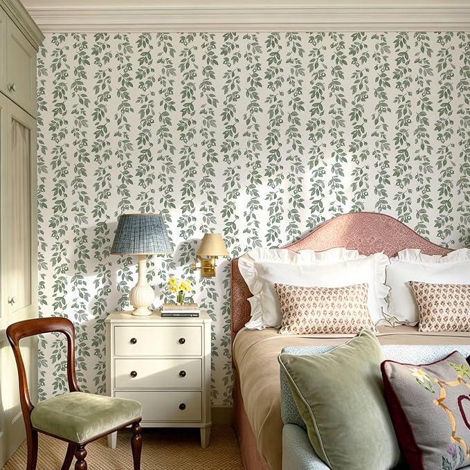 Ismoon Green Wallpaper Peel and Stick Vintage Wallpaper 17.3in x 6.56ft Green Leaf Contact Paper Vintage Cottage Wall Paper for Bedroom Bathroom Kitchen Nursery Removable Vinyl - Image 6