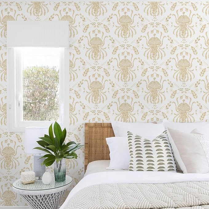 Dimoon Beige Peel and Stick Wallpaper Coastal Contact Paper Bathroom Ocean Wallpaper Boho Jellyfish Renter Friendly Waterproof for Cabinet Kitchen Bedroom Vinyl 17.3''x78.7'' by DIYYOURMOON