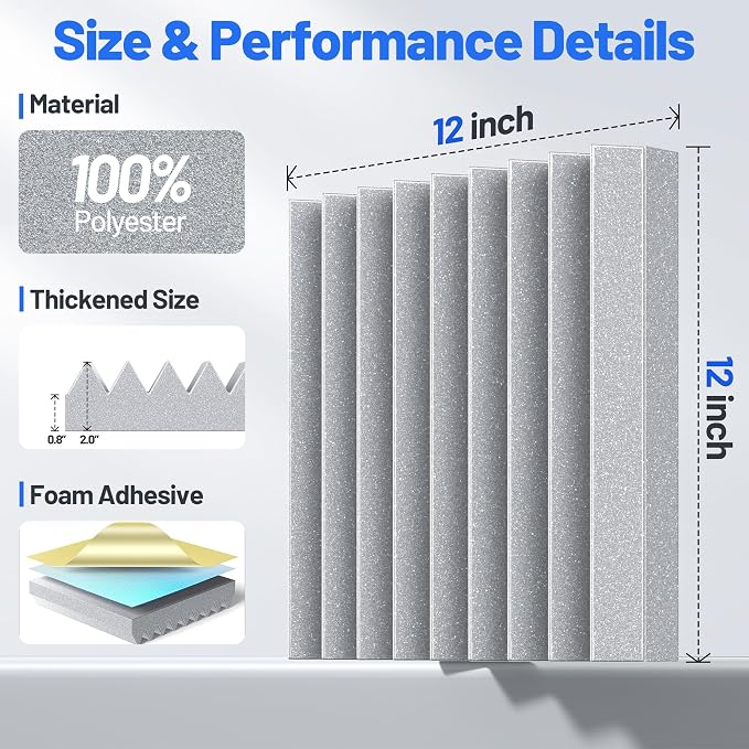 Self-Adhesive Sound Proof Foam Panels For Walls High Density Acoustic Panel | 36 Pack Soundproof Wall Panels Fast-Expanding, 2”×12”×12” Sound Dampening Absorbing Panel for Gaming Studio Decor - Gray - Image 6