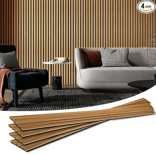 Art3d 4-Pack Acoustic Wood Slat Wall Panels for Interior Decor, 3D Fluted Sound Absorbing Wood Paneling for Accent Wall Ceiling Kitchen Living Room Bedroom Office, 94.5 x 7.9 inch Warm Teak by Art3d