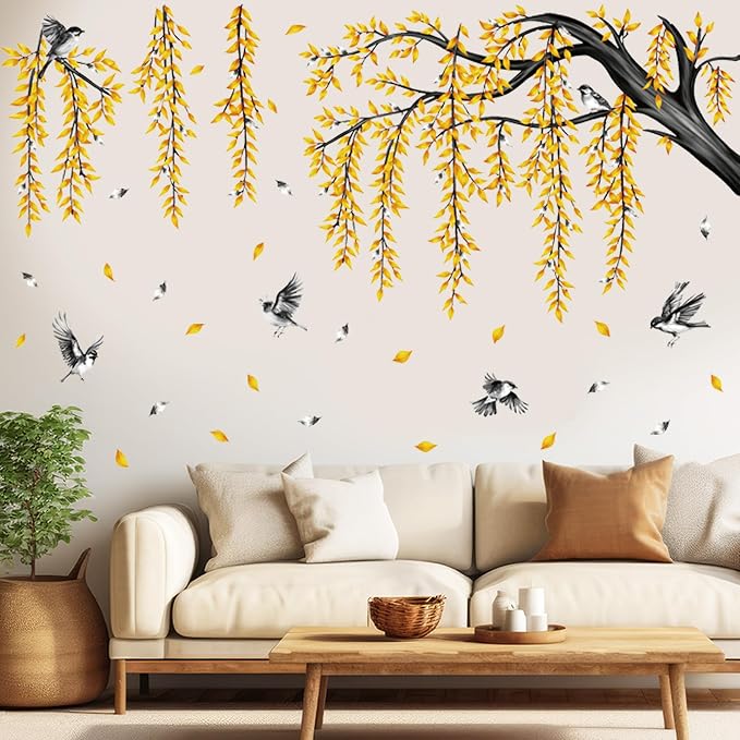 Fall Large Tree Branch Wall Decals Hanging Autumn Yellow Leaves Wall Stickers Peel and Stick Leaf Branch Bird Wall Decor for Living Room Bedroom Tv Background Decor by Prabahdak