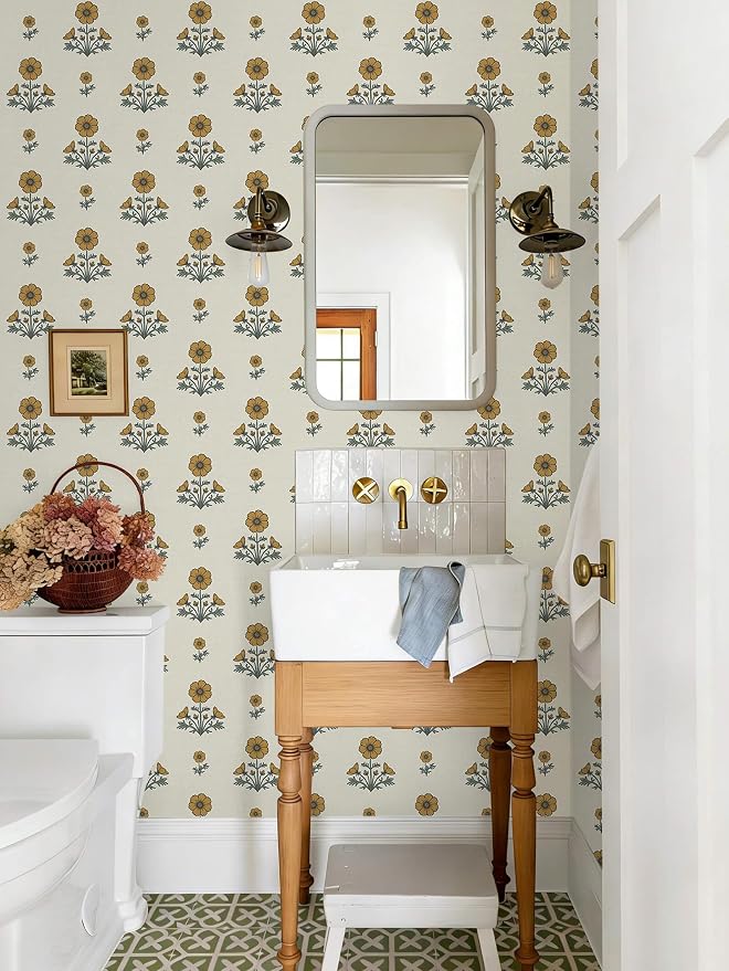 Vintage Floral Wallpaper Floral Peel and Stick Wallpaper for Bathroom 196"×17.3" Daisy Wall Paper Yellow and Green Cottagecore Contact Paper for Nursery Kitchen Self-Adhesive Vinyl Waterproof - Image 8