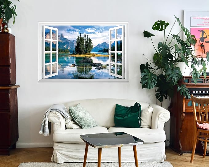 FLFK Fake Window Wall Mural - Trees in The Lake Faux Window Wall Sticker for Wall Decor, Peel and Stick Wall Decals,48"x32",Set of 2 Sheets - Image 4