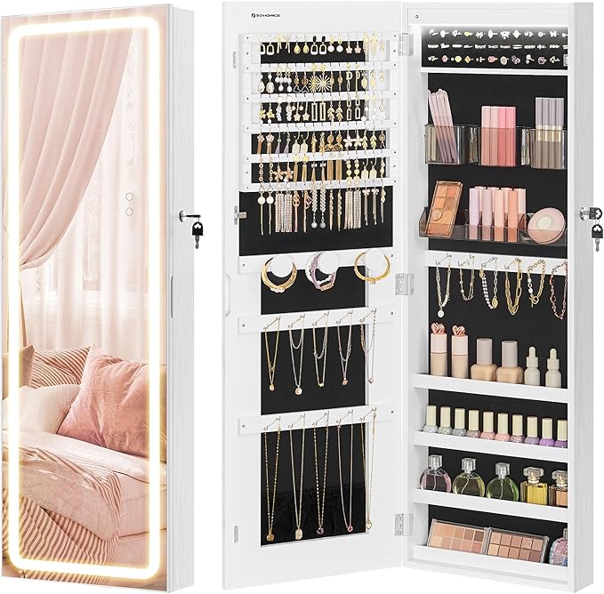 SONGMICS Mirror Jewelry Cabinet Armoire, Wall or Door Mounted, LED Mirror by Unknown