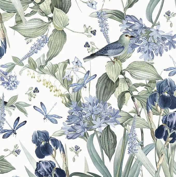 Floral Wallpaper Peel and Stick Flower Bird Blue Vinyl 17in x 393in | Flower Contact Paper Vintage Floral Wallpaper Boho Self Adhesive Waterproof Wall Paper Botanical Removable Decorative Vinyl by lenify