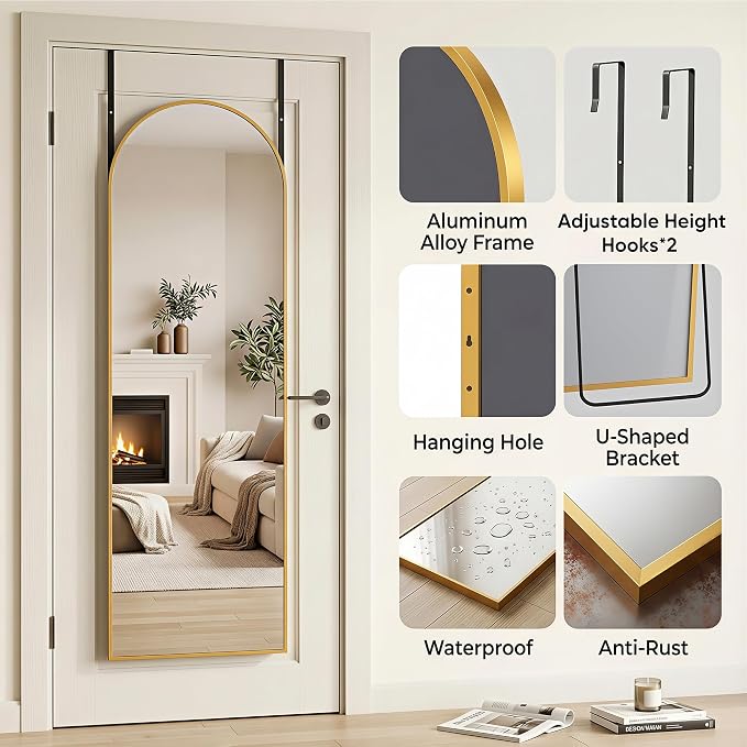 58"x20" Over The Door Mirror, Arched Full Length Mirror, Gold - Image 6