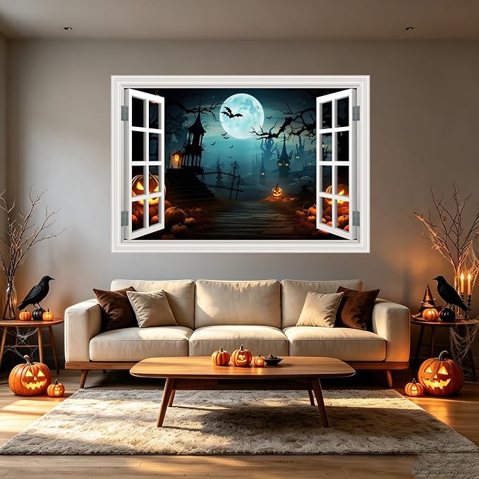 Halloween Decorations Decal Scary Fake Window Halloween Party Decor Sticker | ｜Full Moon Night View Terror Castle Pumpkin Bat Spooky Wall Art Poster Mural ｜ Peel and Stick Decals｜48"x32",Set of 2 Sheets - Image 6