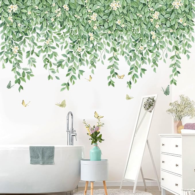 Green Leaf Wall Decals Hanging Vine Wall Sticker Plant Flower Wall Decal Butterfly DIY Removable Wall Stickers Peel and Stick Art Murals for Bedroom Living Room Kids Nursery - Image 4