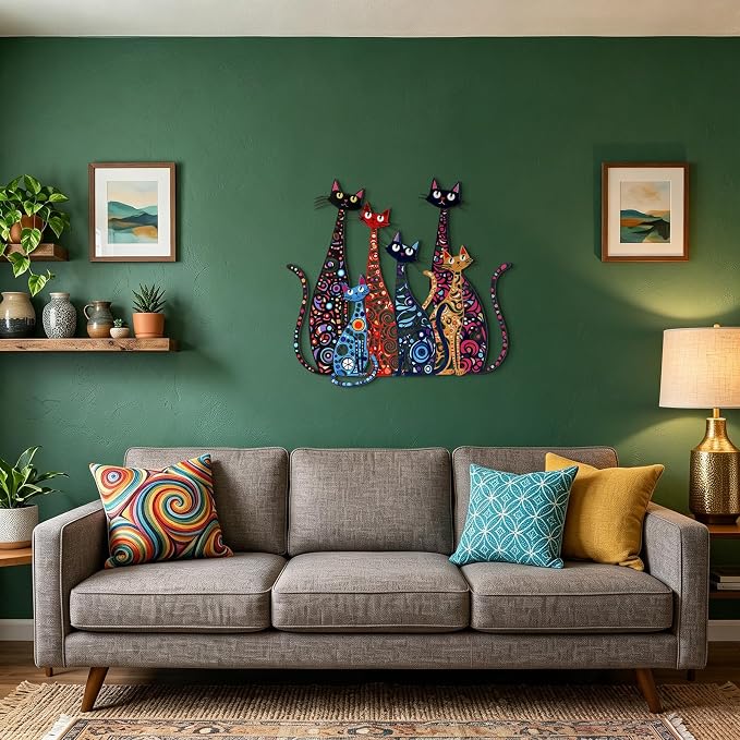 Wesiti Cat Wall Art Iron Sculptures 12x10 Inches Colorful Retro Mid Century | Metal Sign for Cat Lovers, Home Decor in Living Room Bedroom Kitchen Office, Elevated Artistic Design, Vibrant Patterns - Image 5