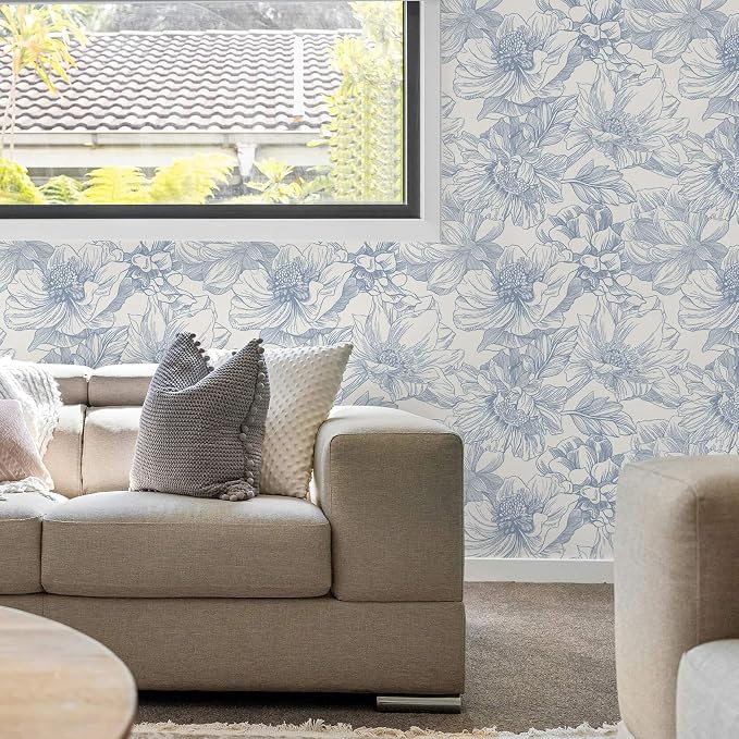 Ismoon Vintage Floral Wallpaper Peel and Stick Beige and Blue Contact Paper 17.3inx6.5ft Removable Self Adhesive Wall Paper for Bathroom Bedroom Cabinet Mural Wall Decor Vinyl Renter Friendly - Image 6