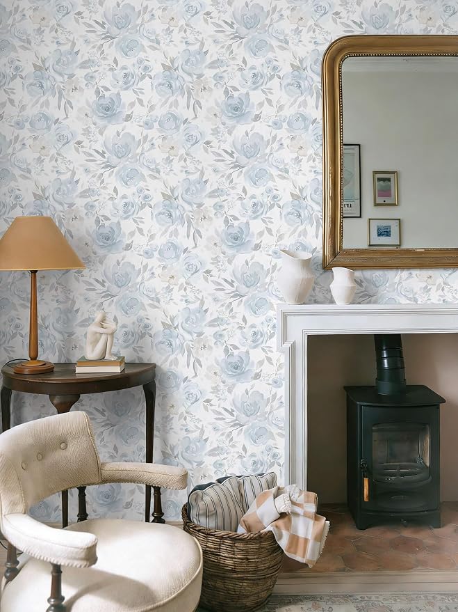 Heroad Blue Floral Wallpaper Peel and Stick Wallpaper Flower Contact Paper Rose Removable Self-Adhesive Wall Paper for Cabinets Bedroom Bathroom Stick on Walls Papel Tapiz para Pared 17.3''x78.7'' - Image 6