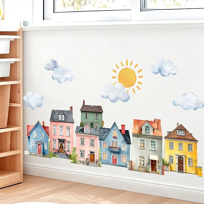 Watercolor Towns Village Wall Decal, Peel and Stick Nursery Mural Wall Stickers for Kids, Boys and Girls Room, Bedroom & Toddler Room Decor - Image 3