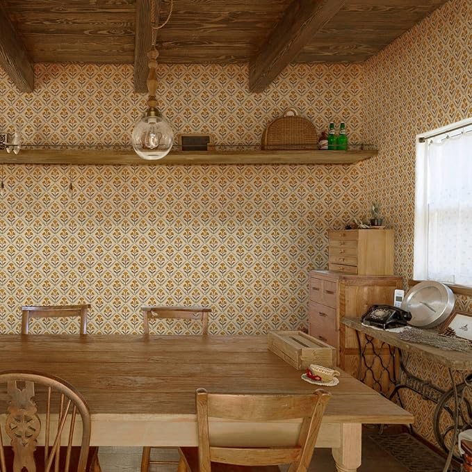 Dimoon 787.4"x17.3" Peel and Stick Wallpaper Floral Cute Contact Paper Vintage Village Country Cottage Wallpaper Farmhouse Yellow Beige Renter Friendly Geometry Waterproof Embossed Kitchen Bedroom - Image 4